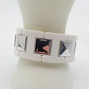 White Stretch Lucite Bracelet With Silver Toned Square Accents